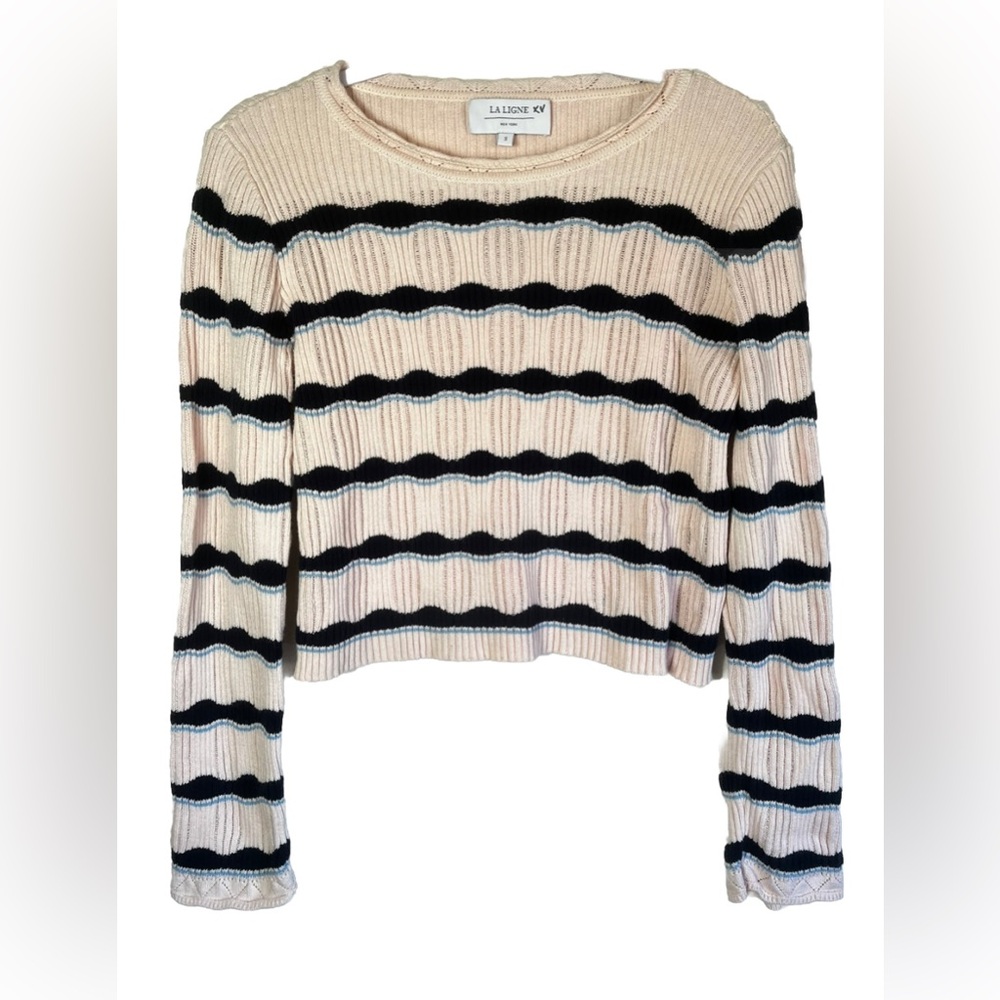 La Ligne Cotton Knit Pink with Blue Stripes Cropped Sweater Size S